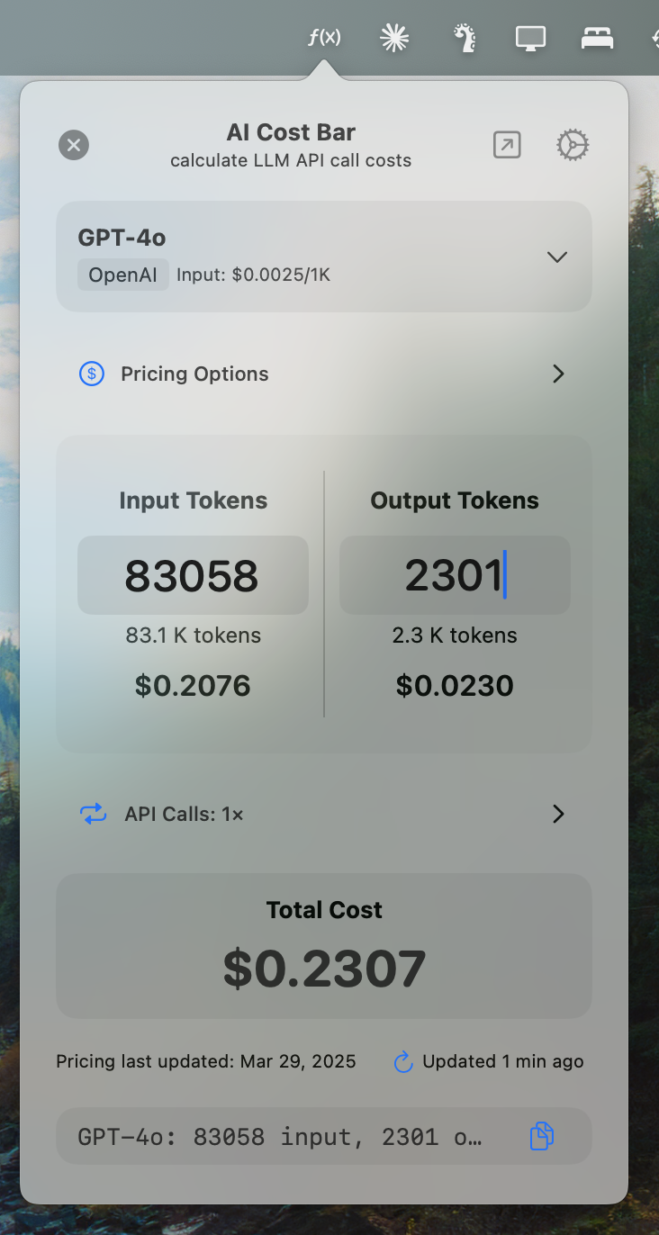 AI Cost Bar App Screenshot showing token cost calculations for GPT-4o